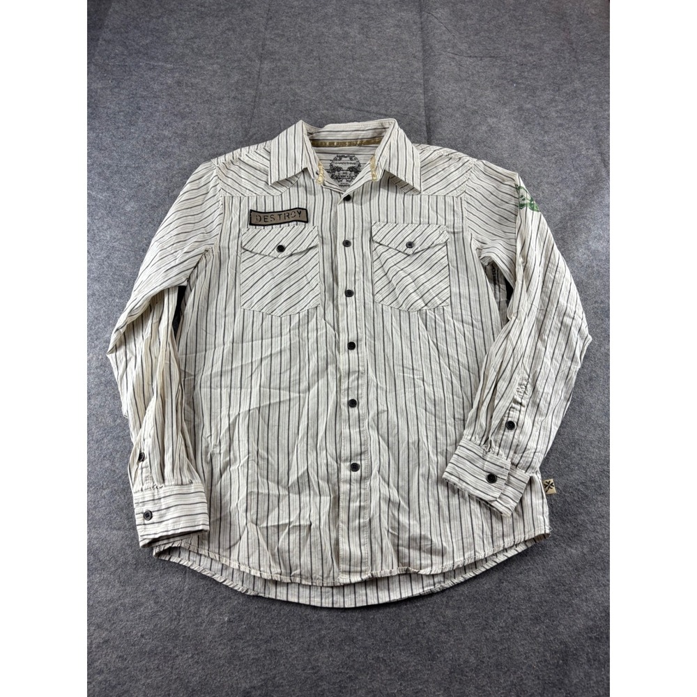 Modern Culture Mens M Cream Black Striped Western Button Down Shirt Destroy y2k